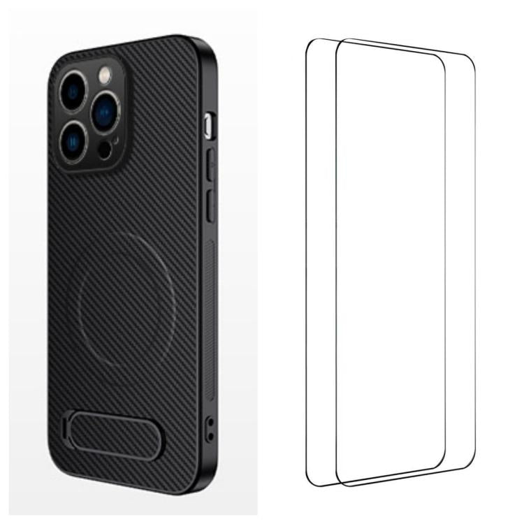 WANLONFENG Kickstand Carbon Fiber Texture Magnetic Phone Case with 2pcs Screen Films, For iPhone 16 Pro, For iPhone 16, For iPhone 15 Pro Max, For iPhone 15 Pro, For iPhone 15, For iPhone 14