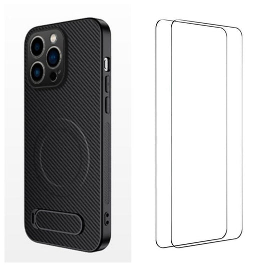 WANLONFENG Kickstand Carbon Fiber Texture Magnetic Phone Case with 2pcs Screen Films, For iPhone 16 Pro, For iPhone 16, For iPhone 15 Pro Max, For iPhone 15 Pro, For iPhone 15, For iPhone 14