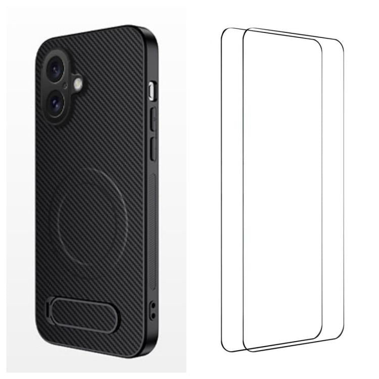 WANLONFENG Kickstand Carbon Fiber Texture Magnetic Phone Case with 2pcs Screen Films, For iPhone 16 Pro, For iPhone 16, For iPhone 15 Pro Max, For iPhone 15 Pro, For iPhone 15, For iPhone 14