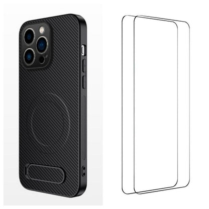 WANLONFENG Kickstand Carbon Fiber Texture Magnetic Phone Case with 2pcs Screen Films, For iPhone 16 Pro, For iPhone 16, For iPhone 15 Pro Max, For iPhone 15 Pro, For iPhone 15, For iPhone 14