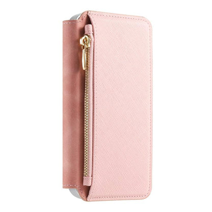CaseNeo Precision Hole Silver-Edged Magnetic Zipper Wallet Cross-Grain Vegan Leather Phone Case, For iPhone 16 Pro, For iPhone 16 Plus, For iPhone 16