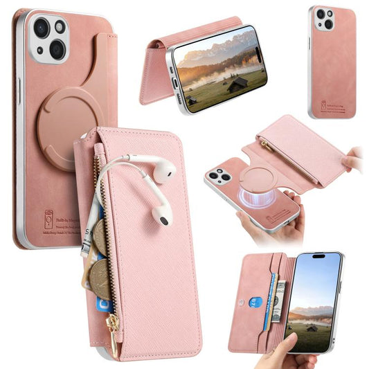 CaseNeo Precision Hole Silver-Edged Magnetic Zipper Wallet Cross-Grain Vegan Leather Phone Case, For iPhone 15, For iPhone 14, For iPhone 14 Pro