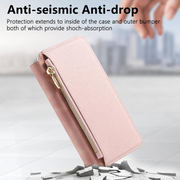 CaseNeo Precision Hole Silver-Edged Magnetic Zipper Wallet Cross-Grain Vegan Leather Phone Case, For iPhone 15, For iPhone 14, For iPhone 14 Pro