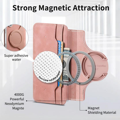 CaseNeo Precision Hole Silver-Edged Magnetic Zipper Wallet Cross-Grain Vegan Leather Phone Case, For iPhone 13