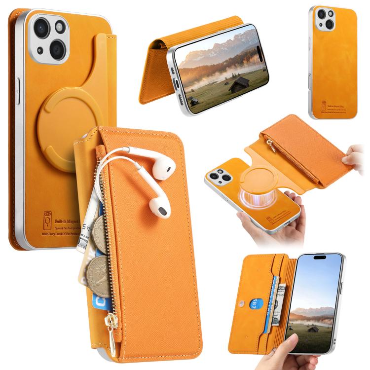 CaseNeo Precision Hole Silver-Edged Magnetic Zipper Wallet Cross-Grain Vegan Leather Phone Case, For iPhone 13