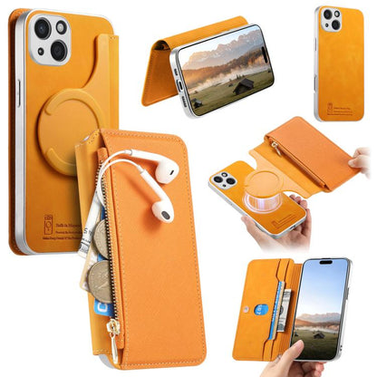 CaseNeo Precision Hole Silver-Edged Magnetic Zipper Wallet Cross-Grain Vegan Leather Phone Case, For iPhone 13