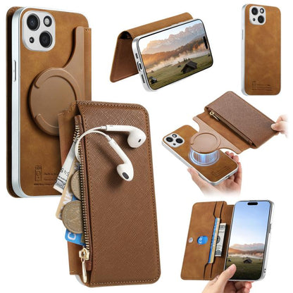 CaseNeo Precision Hole Silver-Edged Magnetic Zipper Wallet Cross-Grain Vegan Leather Phone Case, For iPhone 13