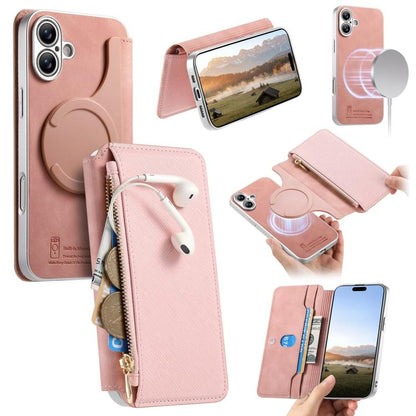 CaseNeo Precision Hole Silver-Edged Magnetic Zipper Wallet Cross-Grain Vegan Leather Phone Case, For iPhone 18 / 17, For iPhone 17e / 16e, For iPhone 16 Pro Max