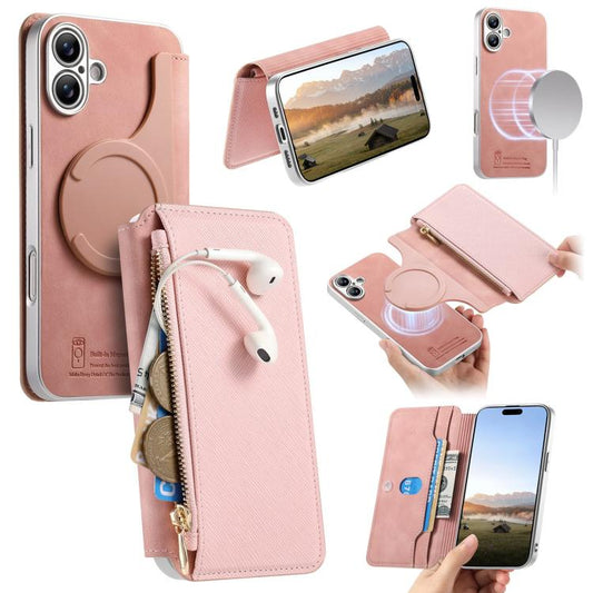 CaseNeo Precision Hole Silver-Edged Magnetic Zipper Wallet Cross-Grain Vegan Leather Phone Case, For iPhone 18 / 17, For iPhone 17e / 16e, For iPhone 16 Pro Max