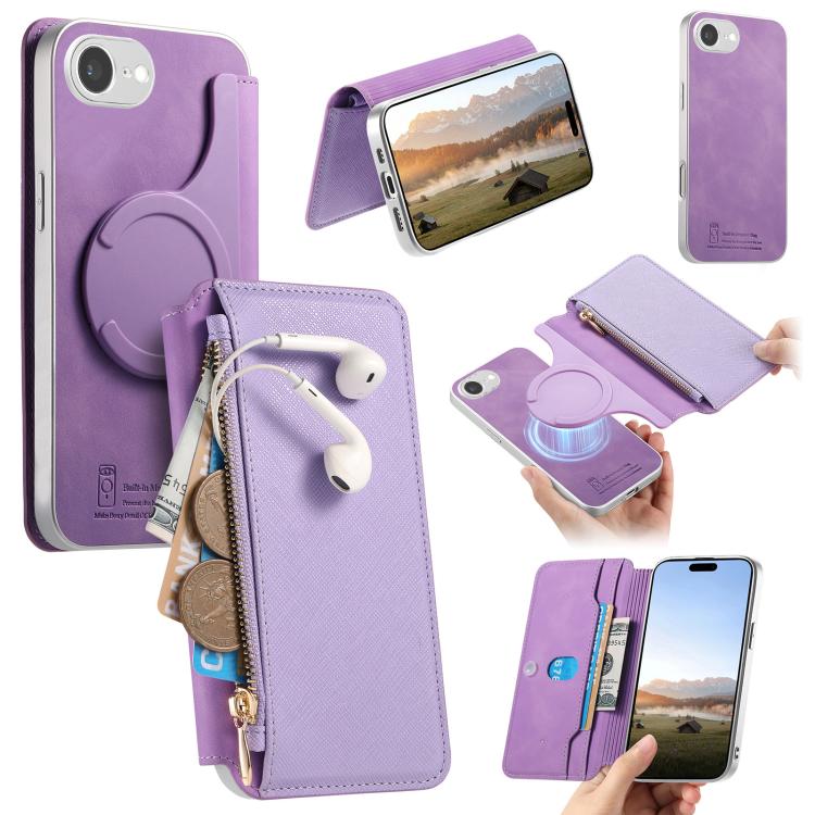 CaseNeo Precision Hole Silver-Edged Magnetic Zipper Wallet Cross-Grain Vegan Leather Phone Case, For iPhone 18 / 17, For iPhone 17e / 16e, For iPhone 16 Pro Max