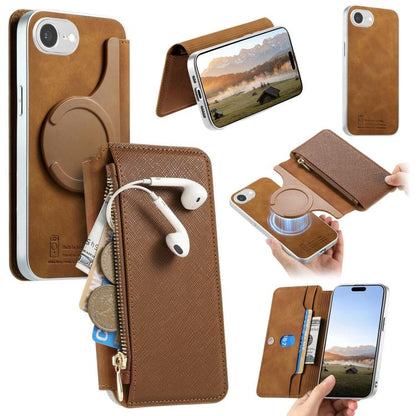 CaseNeo Precision Hole Silver-Edged Magnetic Zipper Wallet Cross-Grain Vegan Leather Phone Case, For iPhone 18 / 17, For iPhone 17e / 16e, For iPhone 16 Pro Max