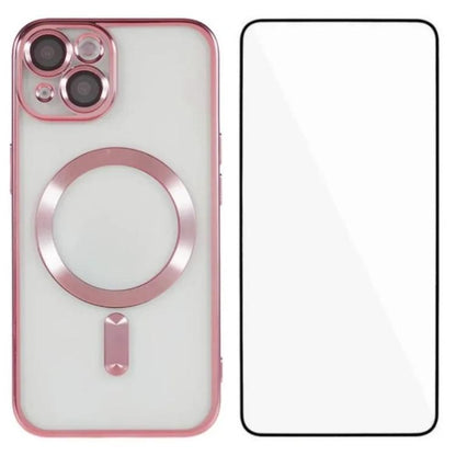 WANLONFENG CD Magnetic Electroplated TPU Phone Case with Screen Protector, For iPhone 15, For iPhone 14, For iPhone 14 Pro