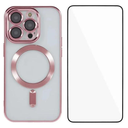 WANLONFENG CD Magnetic Electroplated TPU Phone Case with Screen Protector, For iPhone 15, For iPhone 14, For iPhone 14 Pro