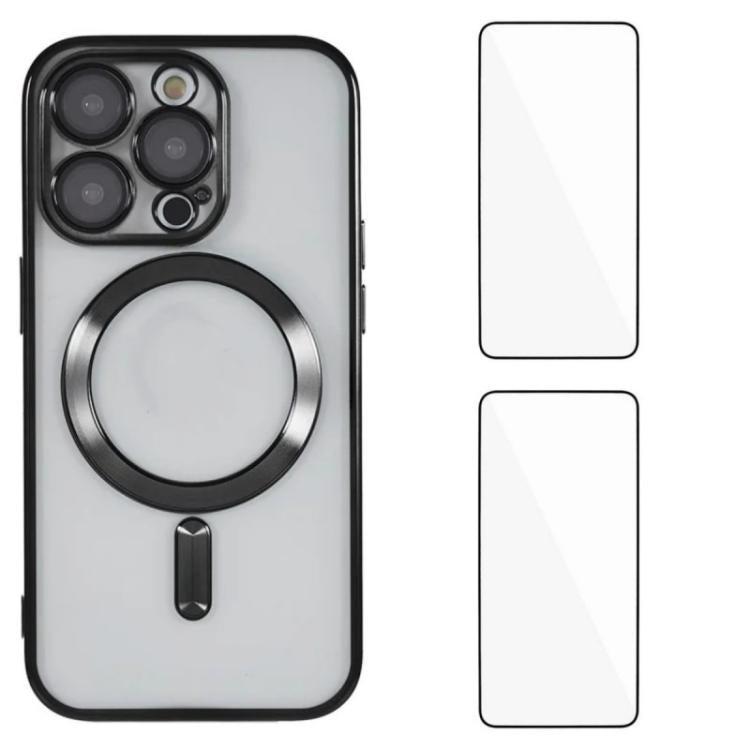 WANLONFENG CD Magnetic Electroplated TPU Phone Case with 2pcs Screen Films, For iPhone 16, For iPhone 15 Pro Max, For iPhone 15 Pro