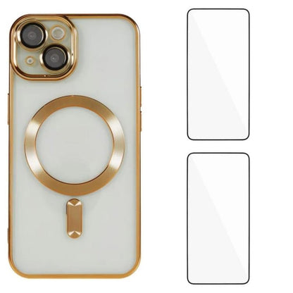 WANLONFENG CD Magnetic Electroplated TPU Phone Case with 2pcs Screen Films, For iPhone 15, For iPhone 14, For iPhone 14 Pro