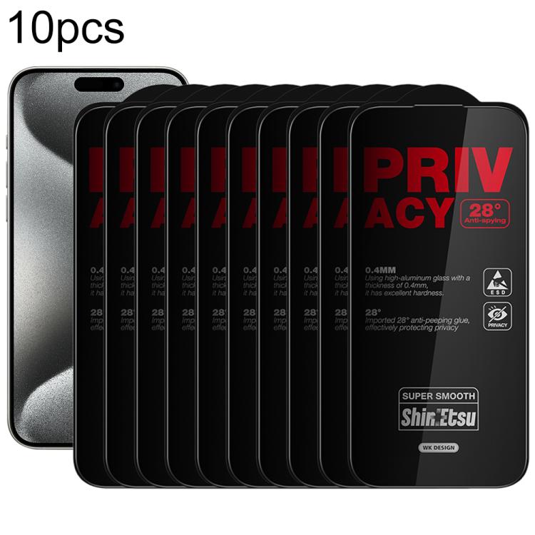 WK WTP-138 10pcs 6D Curved Dustproof Privacy Tempered Glass Film, For iPhone 17e / 16e / 14 / 13 Pro, For iPhone 17 Pro Max, For iPhone 17 Pro, For iPhone 17 / 16 Pro, For iPhone Air, For iPhone 16 Pro Max, For iPhone 16 Plus / 15 Plus, For iPhone 16 /...