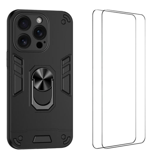 WANLONFENG Armor Kickstand Shockproof Phone Case with 2pcs Screen Films, For iPhone 15 Pro, For iPhone 15