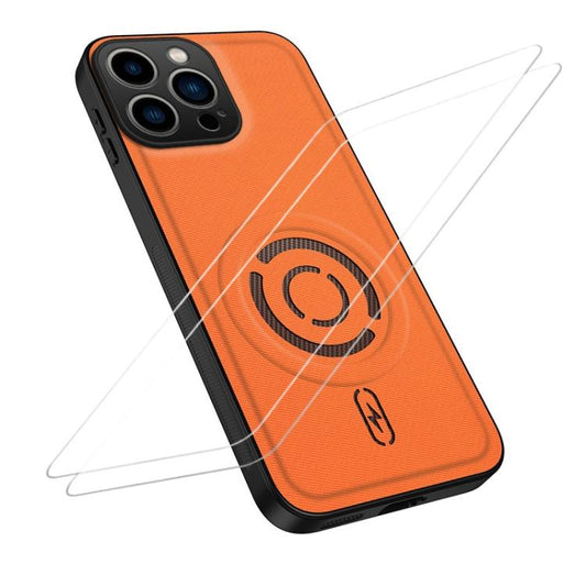 WANLONFENG Tech Fabric Texture Magnetic Phone Case with 2pcs Screen Films, For iPhone 16 Pro, For iPhone 16, For iPhone 15 Pro Max, For iPhone 15 Pro