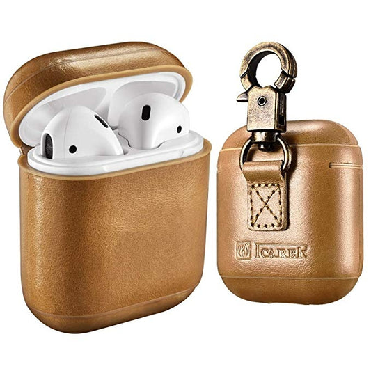 ICARER Cowhide Leather Anti-lost Dropproof Wireless Earphones Charging Box Protective Case for Apple AirPods 1/2, with Clasp