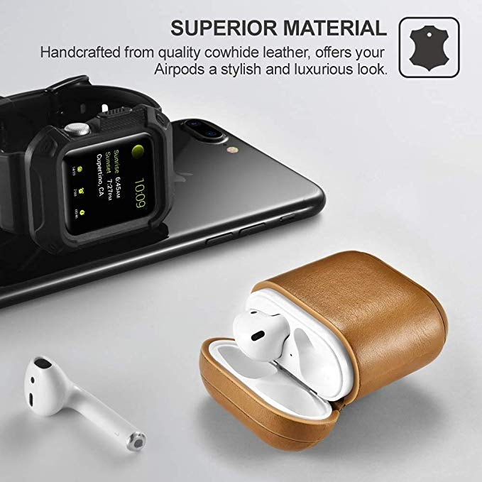 ICARER Cowhide Leather Anti-lost Dropproof Wireless Earphones Charging Box Protective Case for Apple AirPods 1/2, with Clasp