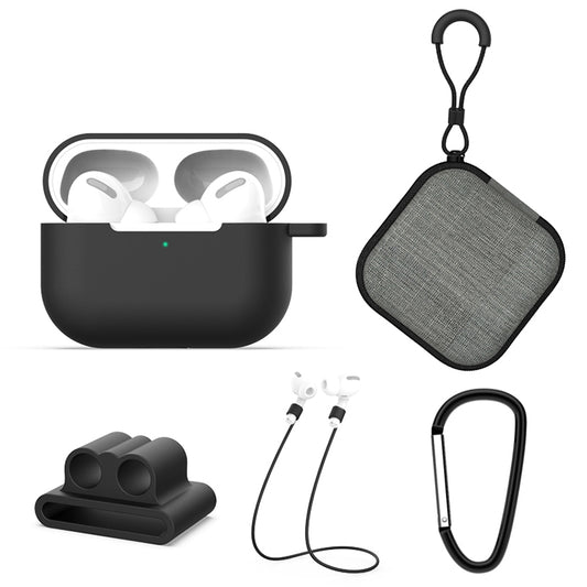 For AirPods Pro 5 in 1 Silicone Earphone Protective Case + Earphone Bag + Earphones Buckle + Hook + Anti-lost Rope Set