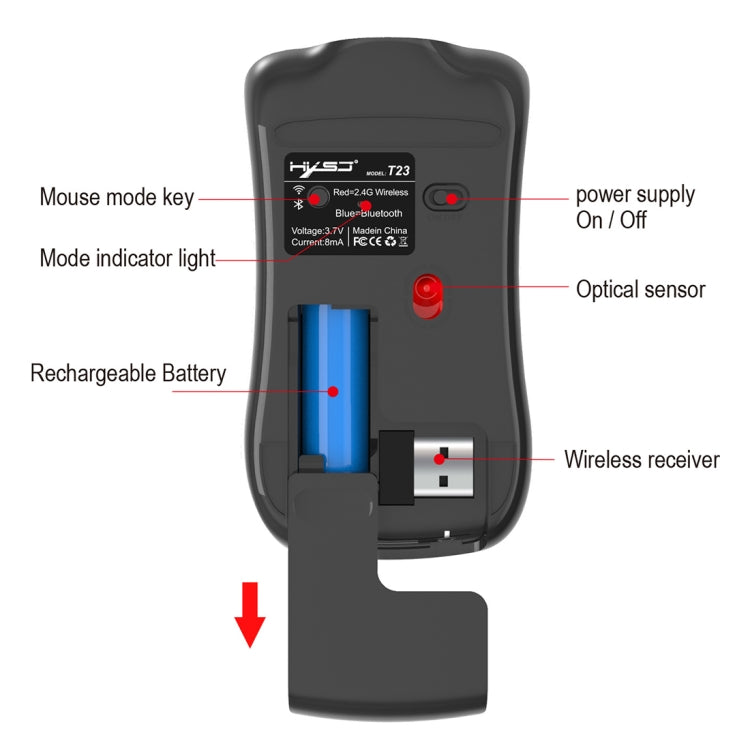 HXSJ T23 Bluetooth 5.0 + Bluetooth 3.0 + 2.4GHz Wireless Three Modes 4-Keys 1600 DPI Adjustable Ergonomics Optical Mouse, T23 Black