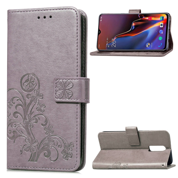 Lucky Clover Pressed Flowers Pattern Leather Case for OnePlus 6T, with Holder & Card Slots & Wallet & Hand Strap