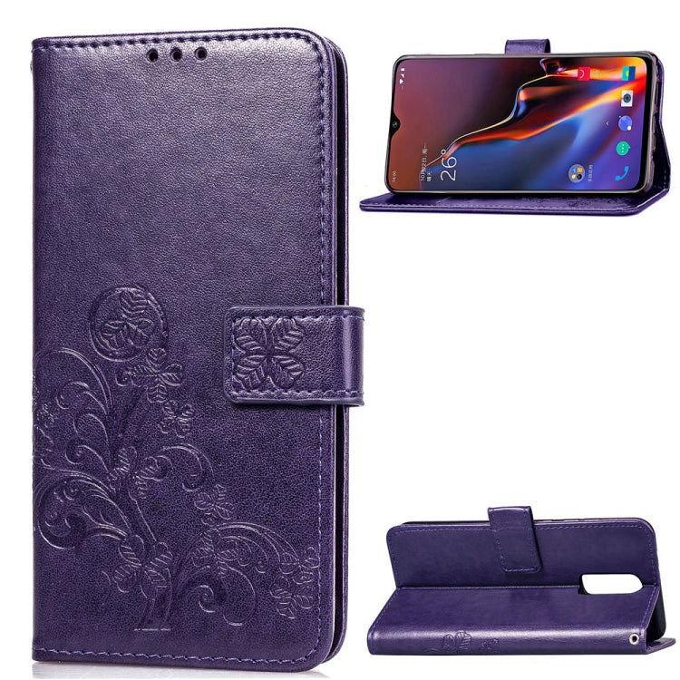 Lucky Clover Pressed Flowers Pattern Leather Case for OnePlus 6T, with Holder & Card Slots & Wallet & Hand Strap