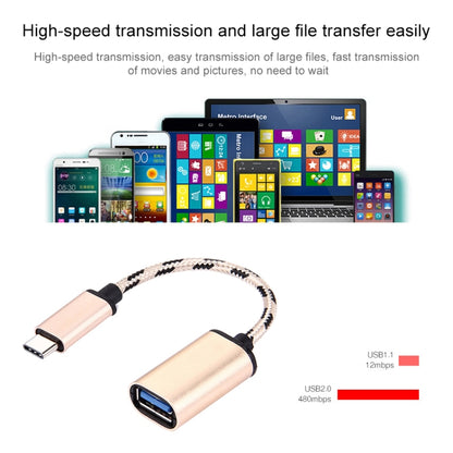 15cm Woven Style Metal Head USB-C / Type-C Male to USB 2.0 Female Data Cable