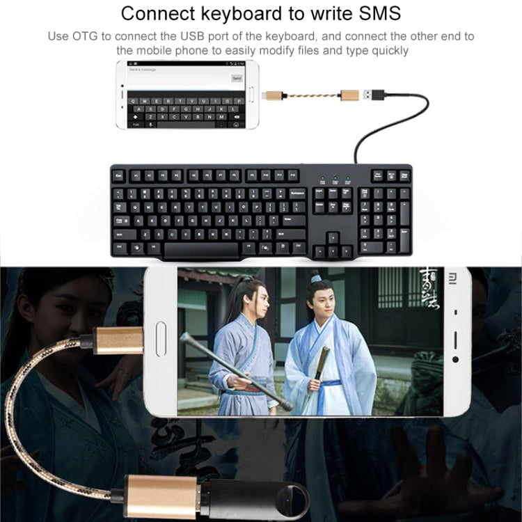 15cm Woven Style Metal Head USB-C / Type-C Male to USB 2.0 Female Data Cable