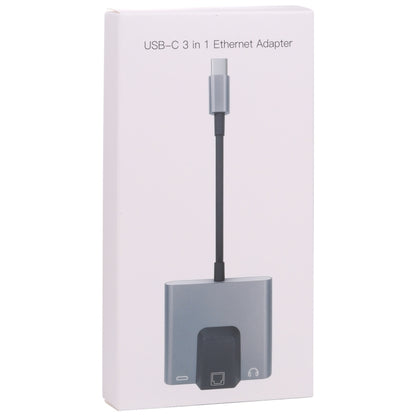 NK-1056TC 3 in 1 USB-C / Type-C Male to USB-C / Type-C Charging + Ethernet + 3.5mm Earphone Female Adapter, NK-1056TC