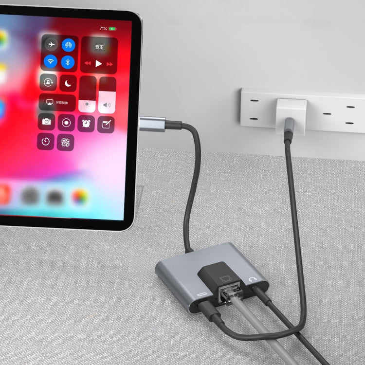 NK-1056TC 3 in 1 USB-C / Type-C Male to USB-C / Type-C Charging + Ethernet + 3.5mm Earphone Female Adapter, NK-1056TC