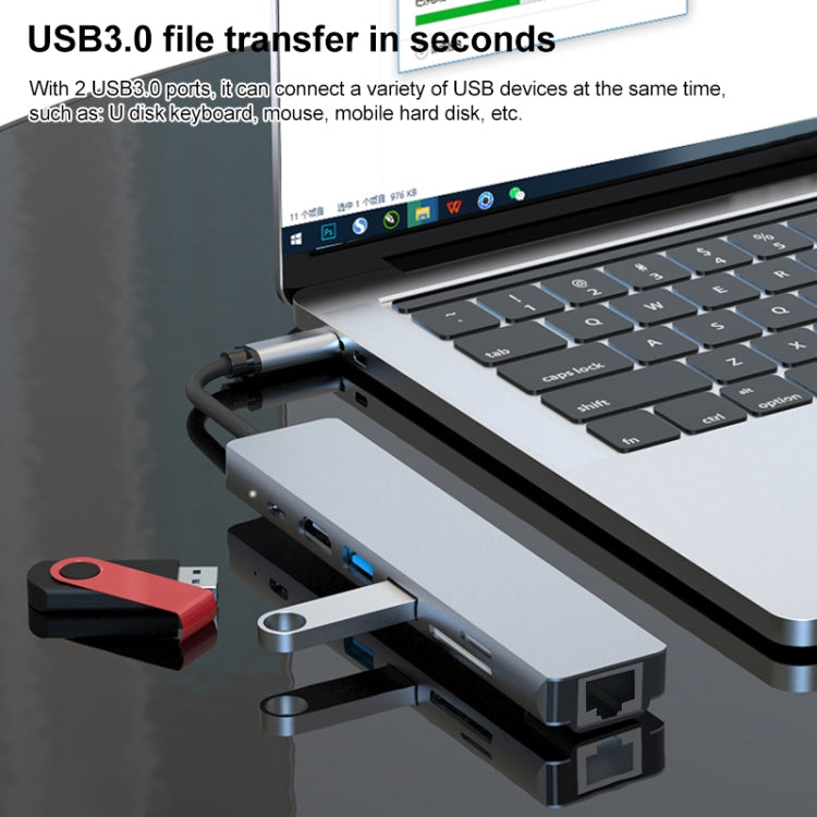 7 in 1 RJ45 + SD/TF + USB 3.0 x 2 + HDMI + PD to USB-C / Type-C HUB Adapter, RJ45+SD/TF+USB3.0x2+HDMI+PD