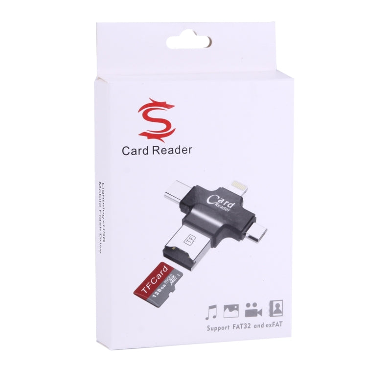4 in 1 USB-C / Type-C & USB 2.0 & Micro USB & 8 Pin TF Card Reader for MacBook, PC, Laptop, Smart Phone with OTG Function, Support FAT32 & exFAT