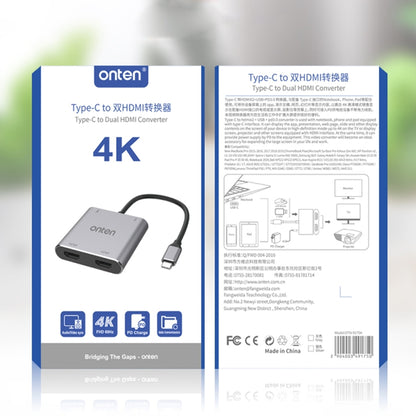 Onten 9175K 4 in 1 USB-C / Type-C to Dual HDMI + USB 3.0 + PD3.0 USB-C / Type-C Charging Port 4K HD Video Converter, 9175K