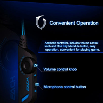 EACH G2000 Over-ear Stereo Bass Gaming Headset with Mic & LED Light for Computer, Cable Length: 2.2m