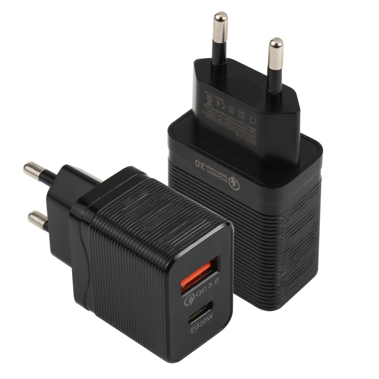 LZ-728 QC 3.0 USB + PD 20W USB-C / Type-C Fast Travel Charger, EU Plug, EU Plug