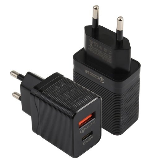 LZ-728 QC 3.0 USB + PD 20W USB-C / Type-C Fast Travel Charger, EU Plug, EU Plug