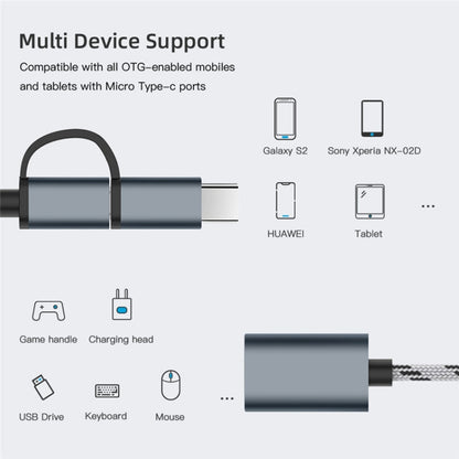 USB 3.0 Female to Micro USB + USB-C / Type-C Male Charging + Transmission OTG Nylon Braided Adapter Cable, Cable Length: 17cm, Micro USB 17cm Grey, Micro USB 17cm Gold