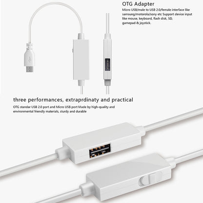 OTG-Y-03 USB 2.0 Male to Micro USB Male + USB Female OTG Charging Data Cable for Android Phones / Tablets with OTG Function, with Switch, Length: 1.1m