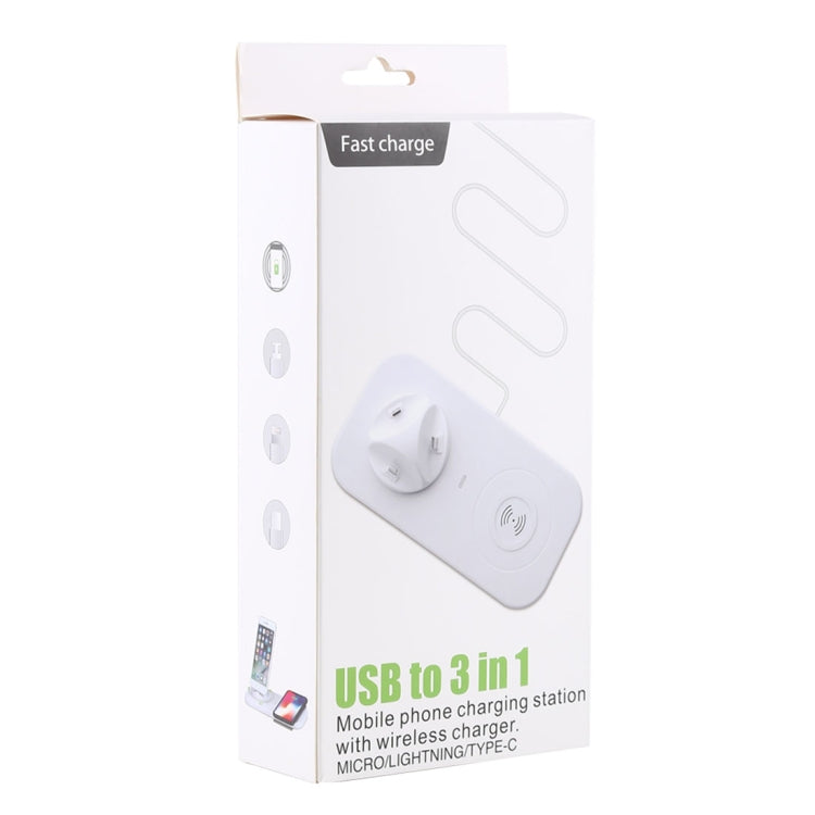 USB to 3 in 1 (8 Pin + Micro USB + USB-C / Type-C) Dock Charger Desktop Charging Data Sync Stand Station Holder with Qi Wireless Charger & USB Cable