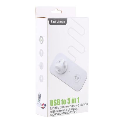 USB to 3 in 1 (8 Pin + Micro USB + USB-C / Type-C) Dock Charger Desktop Charging Data Sync Stand Station Holder with Qi Wireless Charger & USB Cable