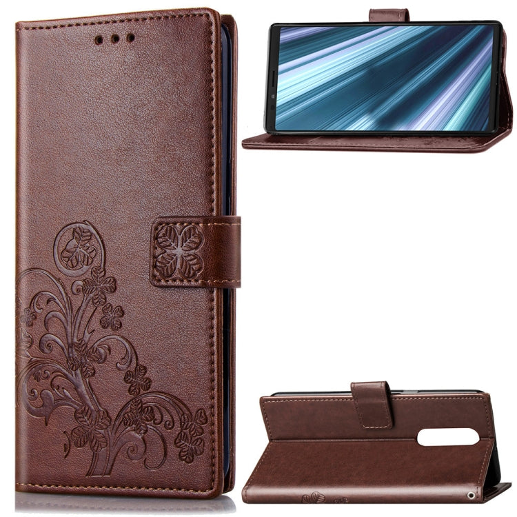 Lucky Clover Pressed Flowers Pattern Leather Case for Sony Xperia 1 / Xperia XZ4, with Holder & Card Slots & Wallet & Hand Strap