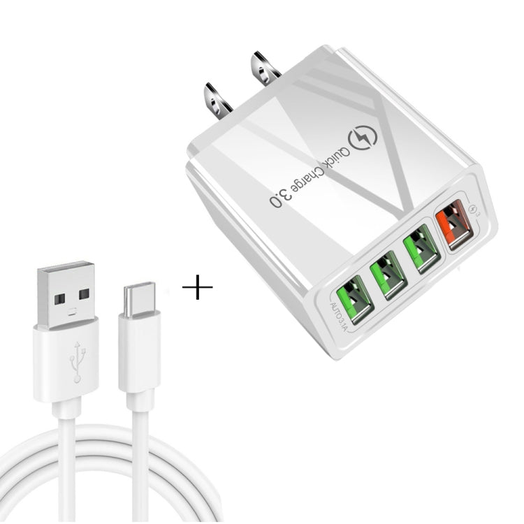 2 in 1 USB to USB-C / Type-C Data Cable + 30W QC 3.0 4 USB Interfaces Mobile Phone Tablet PC Universal Quick Charger Travel Charger Set, US Plug, USB-C / Type-C Set US Plug