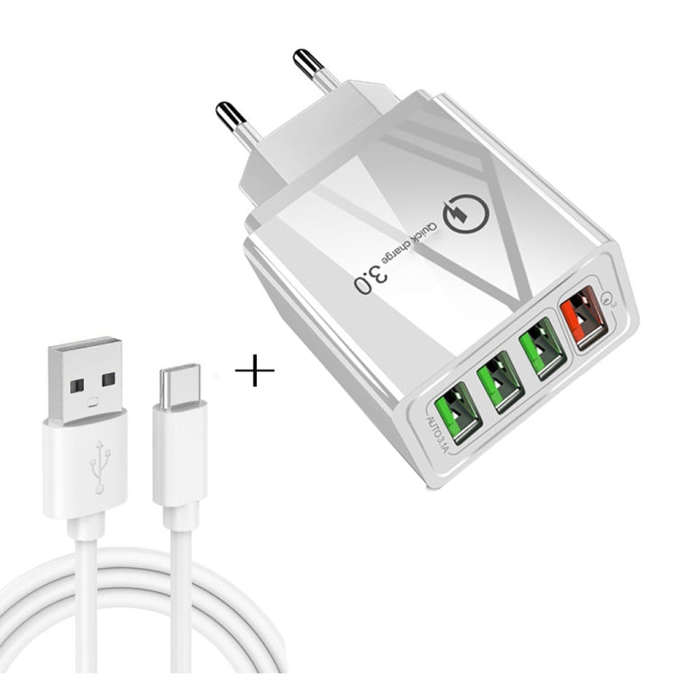 2 in 1 USB to USB-C / Type-C Data Cable + 30W QC 3.0 4 USB Interfaces Mobile Phone Tablet PC Universal Quick Charger Travel Charger Set, EU Plug, USB-C / Type-C Set EU Plug
