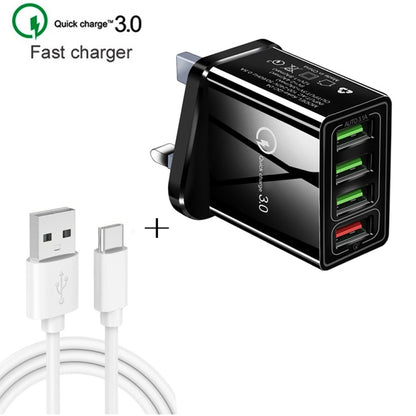 2 in 1 1m USB to USB-C / Type-C Data Cable + 30W QC 3.0 4 USB Interfaces Mobile Phone Tablet PC Universal Quick Charger Travel Charger Set, UK Plug, USB-C / Type-C Set UK Plug