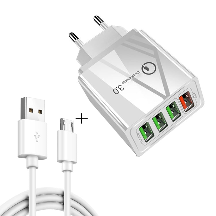 2 in 1 1m USB to Micro USB Data Cable + 30W QC 3.0 4 USB Interfaces Mobile Phone Tablet PC Universal Quick Charger Travel Charger Set, EU Plug, Micro USB Set EU Plug