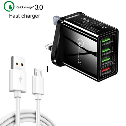 2 in 1 1m USB to Micro USB Data Cable + 30W QC 3.0 4 USB Interfaces Mobile Phone Tablet PC Universal Quick Charger Travel Charger Set, UK Plug, Micro USB Set UK Plug