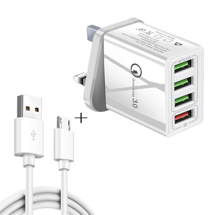 2 in 1 1m USB to Micro USB Data Cable + 30W QC 3.0 4 USB Interfaces Mobile Phone Tablet PC Universal Quick Charger Travel Charger Set, UK Plug, Micro USB Set UK Plug
