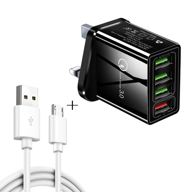 2 in 1 1m USB to Micro USB Data Cable + 30W QC 3.0 4 USB Interfaces Mobile Phone Tablet PC Universal Quick Charger Travel Charger Set, UK Plug, Micro USB Set UK Plug